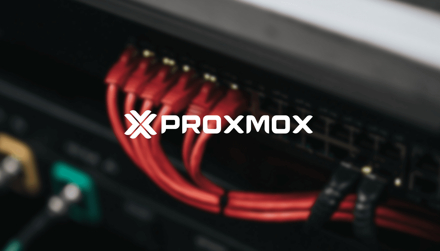 a server rack with a white proxmox logo